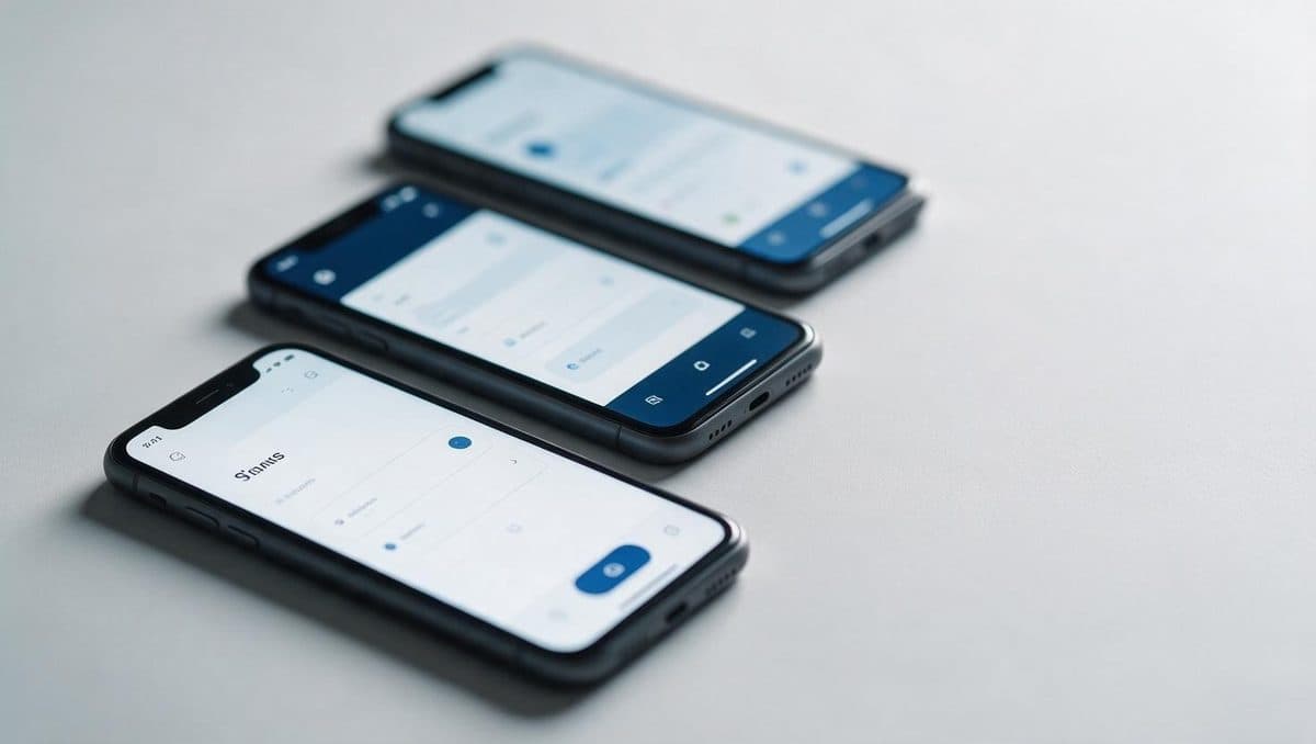 アプリの画面を表示した3台のスマートフォン