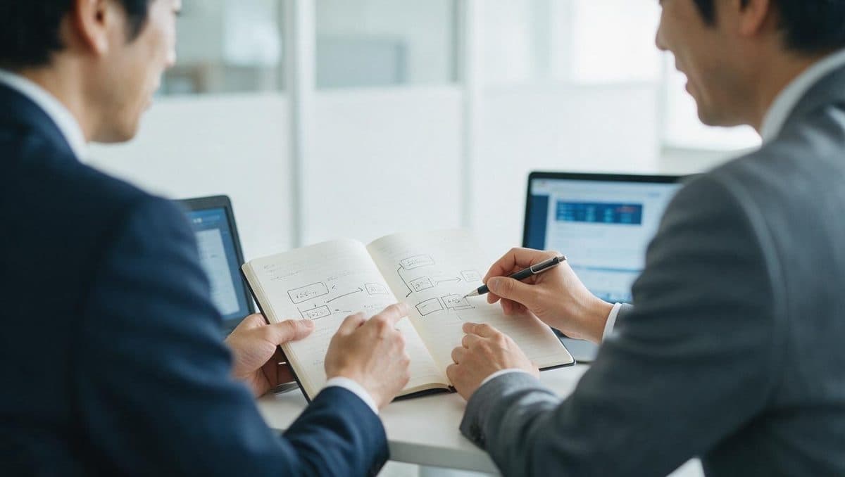 2人がノートに業務の流れを書き出しながら要件を整理している様子