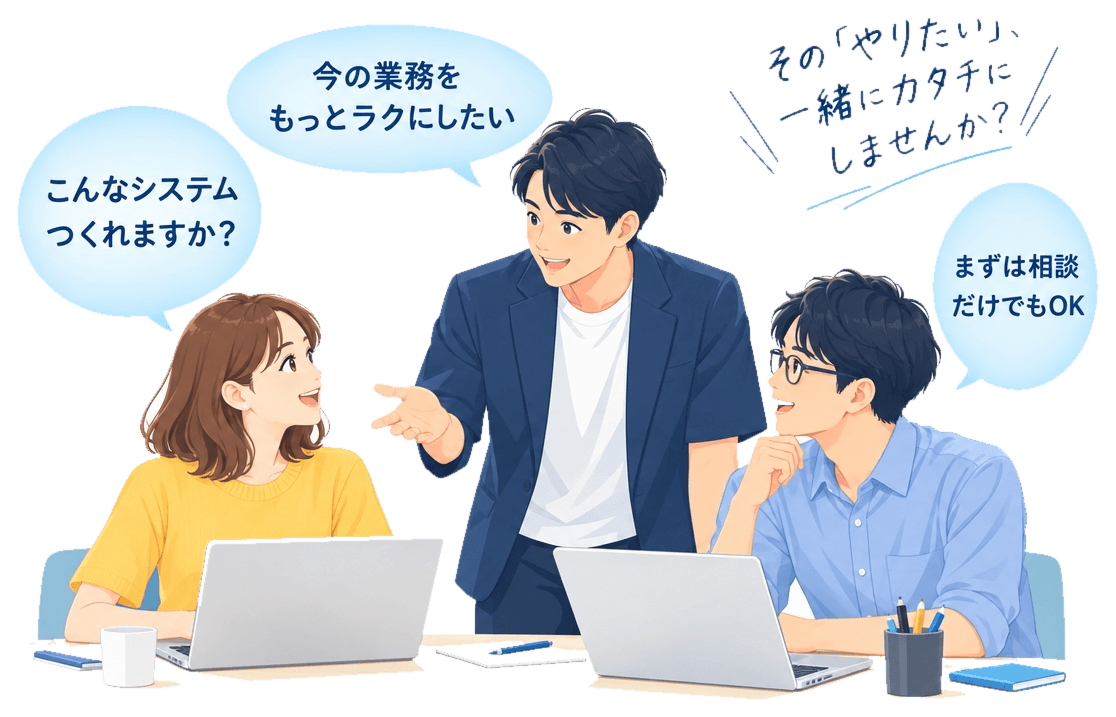 打ち合わせをする3人のビジネスパーソン。「こんなシステムつくれますか?」「今の業務をもっとラクにしたい」「まずは相談だけでもOK」という吹き出しと、「その『やりたい』、一緒にカタチにしませんか?」という手書きのメッセージが添えられている